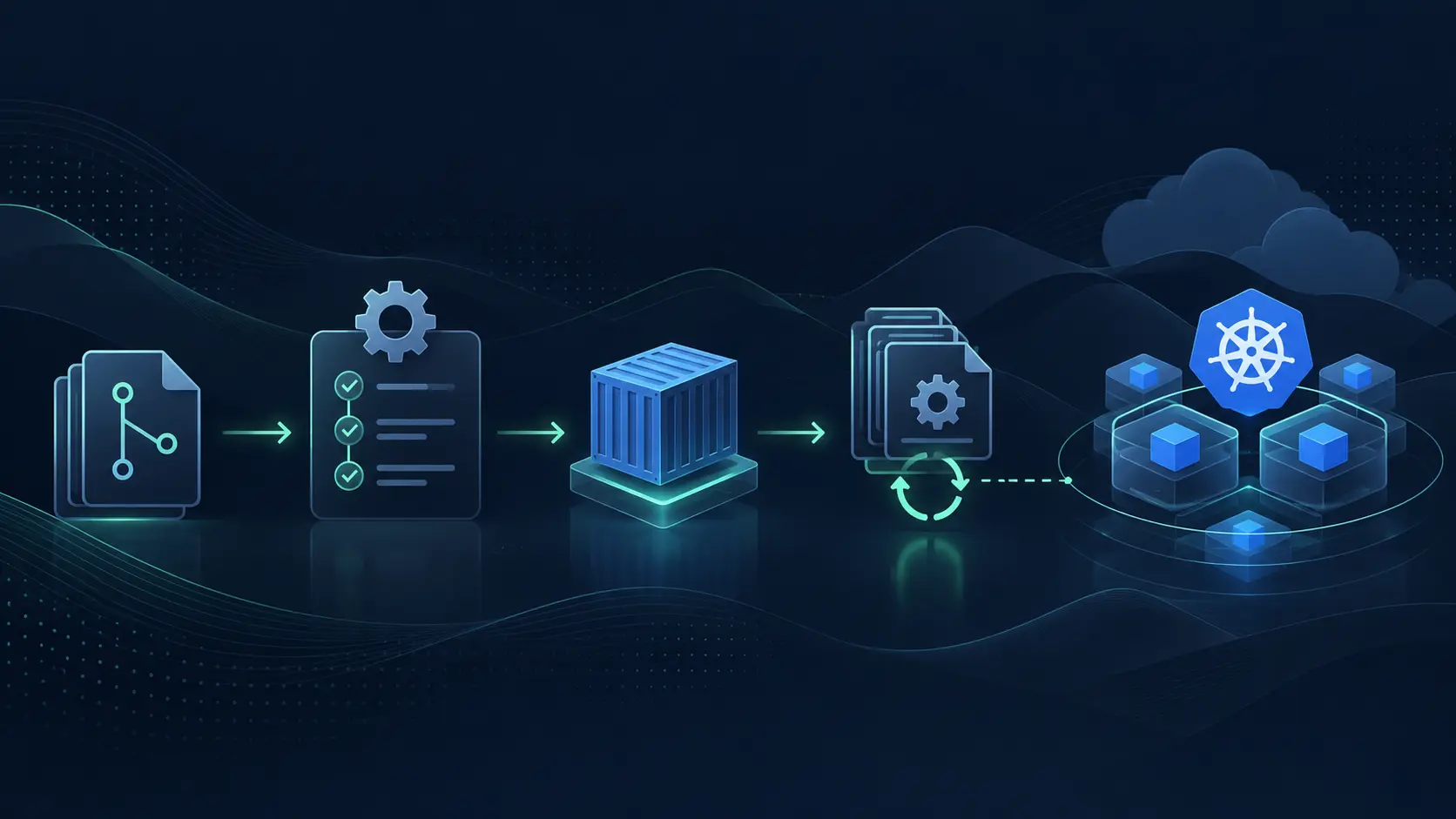 Editorial cover illustration showing source review and delivery automation promoting a container workload through GitOps reconciliation into Kubernetes