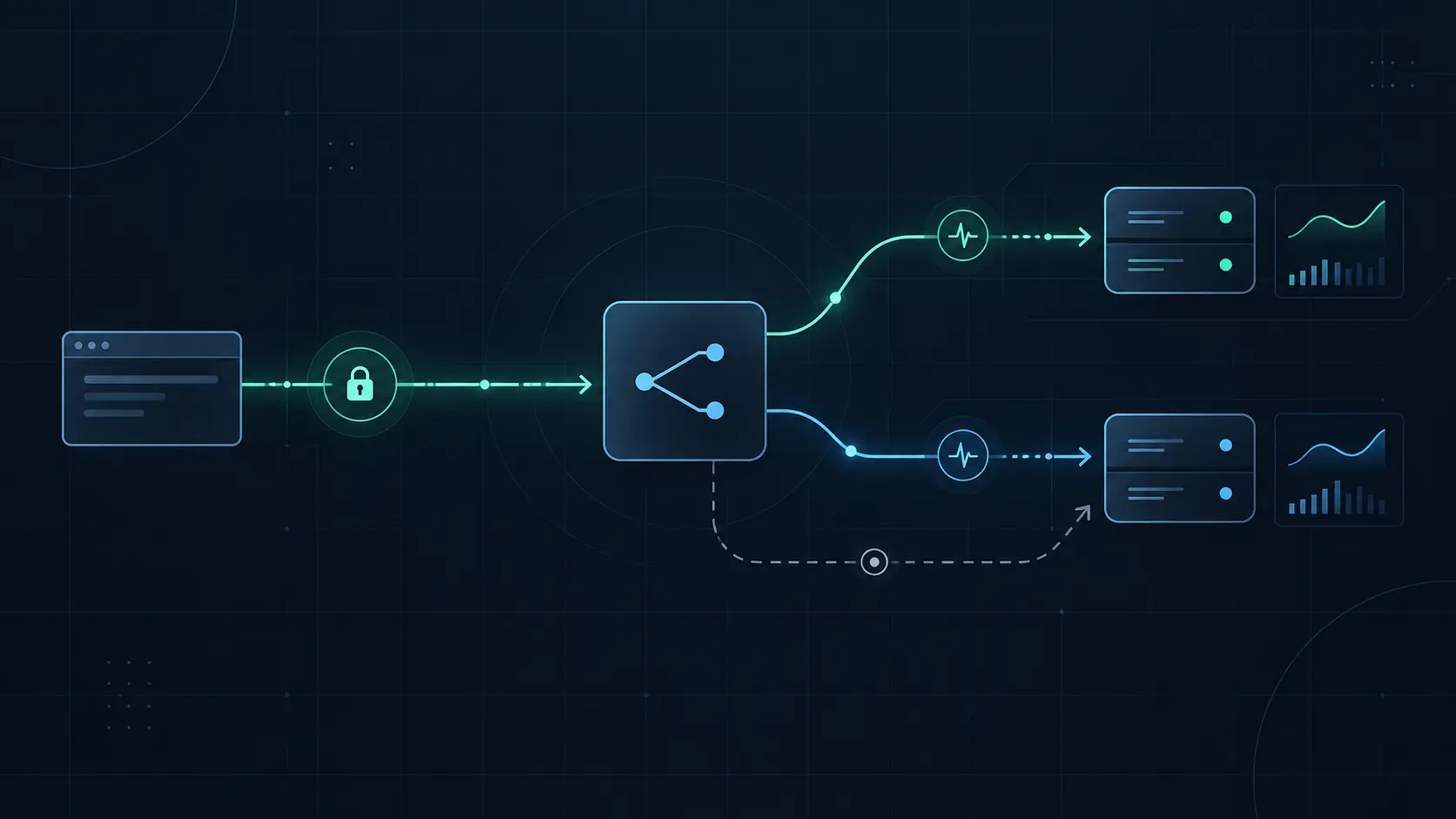Editorial cover illustration showing encrypted traffic reaching an Nginx load balancer and routing to monitored backend servers with a failover path