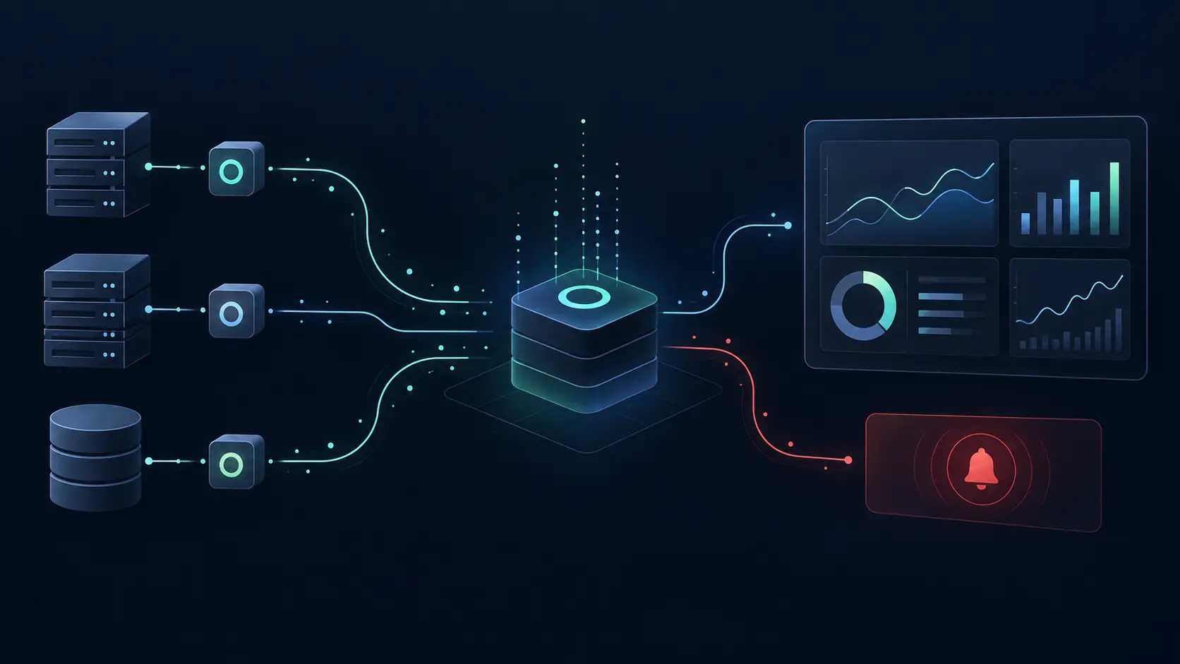 Editorial cover illustration showing infrastructure metrics flowing from servers through an observability collection layer to dashboards and alerting