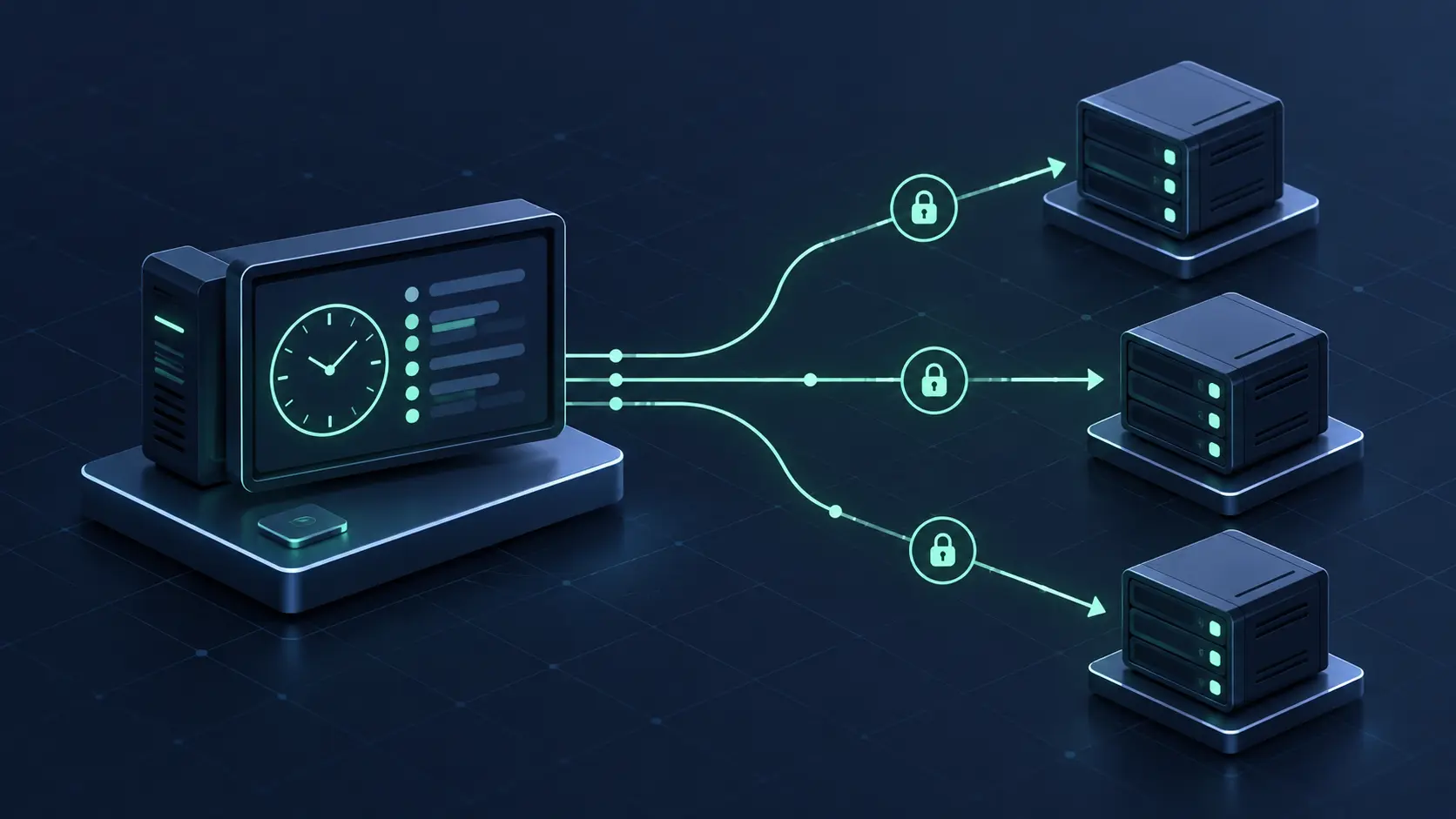 Editorial cover illustration showing a central Linux scheduling console securely deploying cron jobs to multiple remote servers