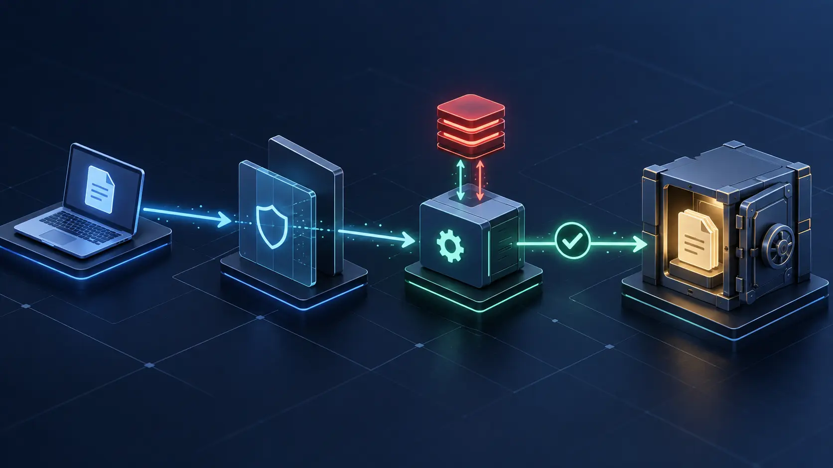 Editorial cover illustration showing a client request passing through a gateway and policy service with Redis state to protected file delivery