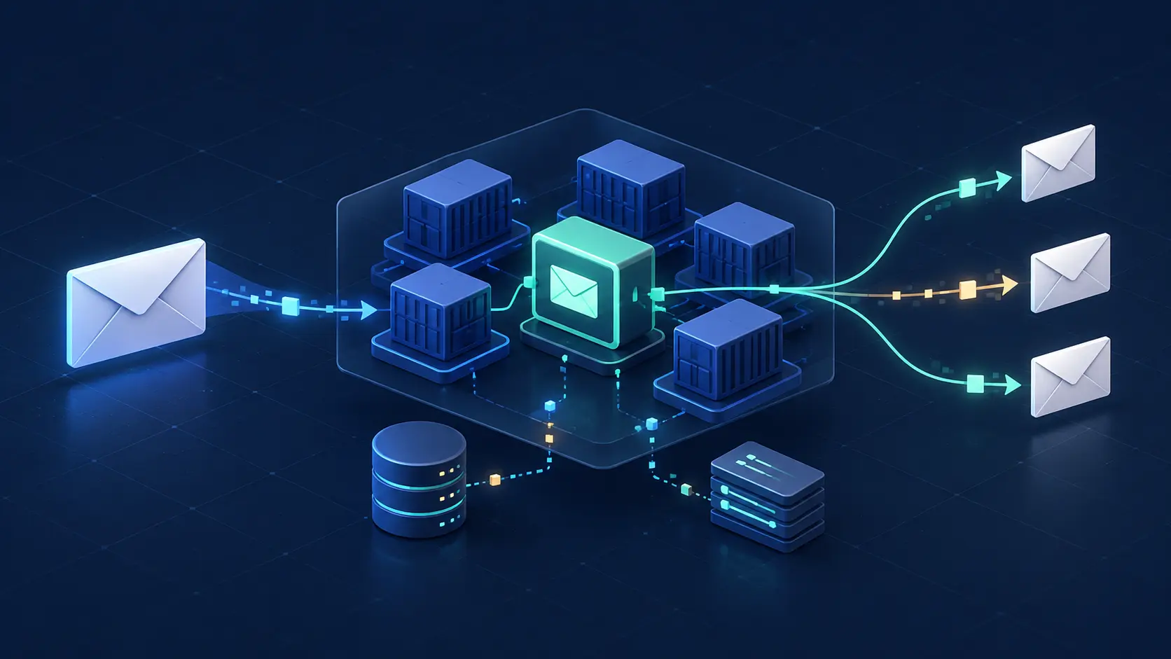 Editorial cover illustration showing an incoming mail path through a Kubernetes workload and relay service to controlled SMTP delivery