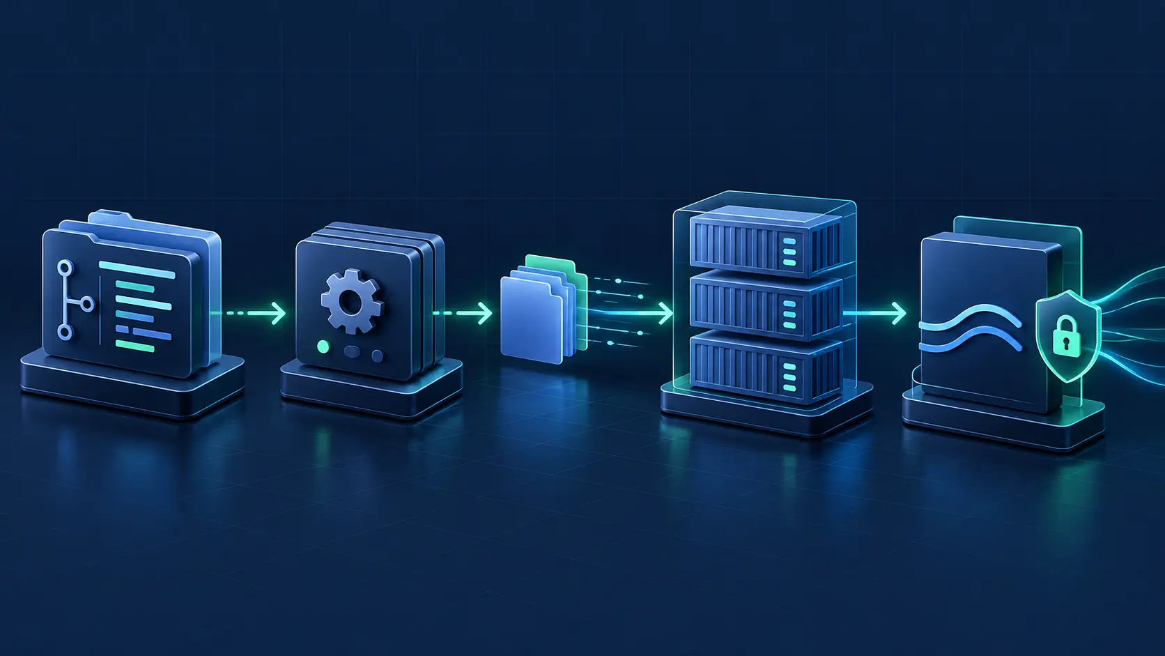 Editorial cover illustration showing source promotion through deployment automation and synchronized transfer to container workloads behind a secure edge