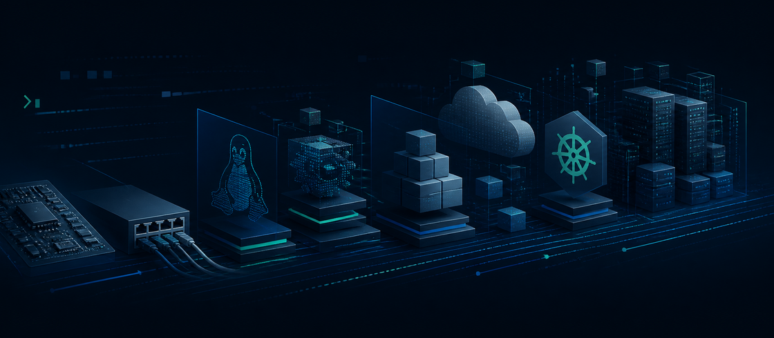 Editorial illustration representing a career progression from Linux systems to modern cloud infrastructure