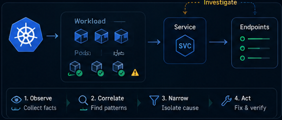 Kubernetes troubleshooting workflow across workloads and services