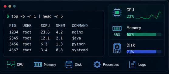 Linux troubleshooting signals for CPU, memory, disk and processes